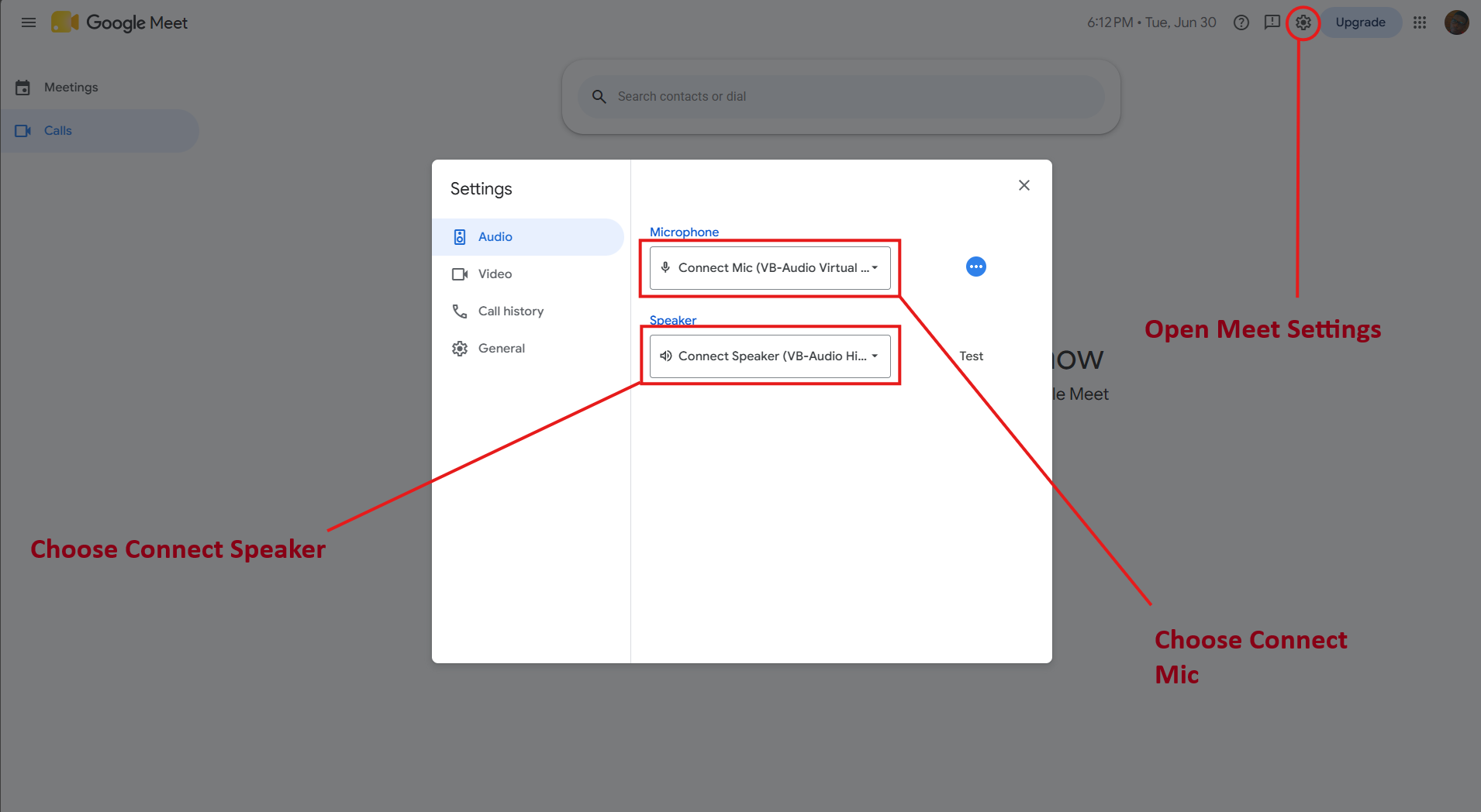 Google Meet audio settings showing Connect Mic as the microphone and Connect Speaker as the speaker